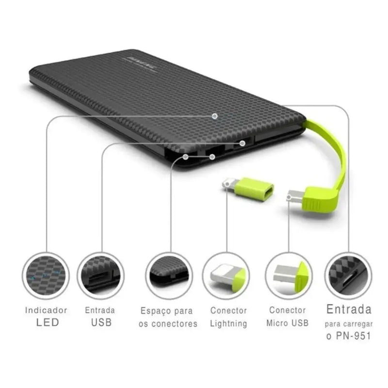 Power Bank 10.000mAh com adaptador de IPhone